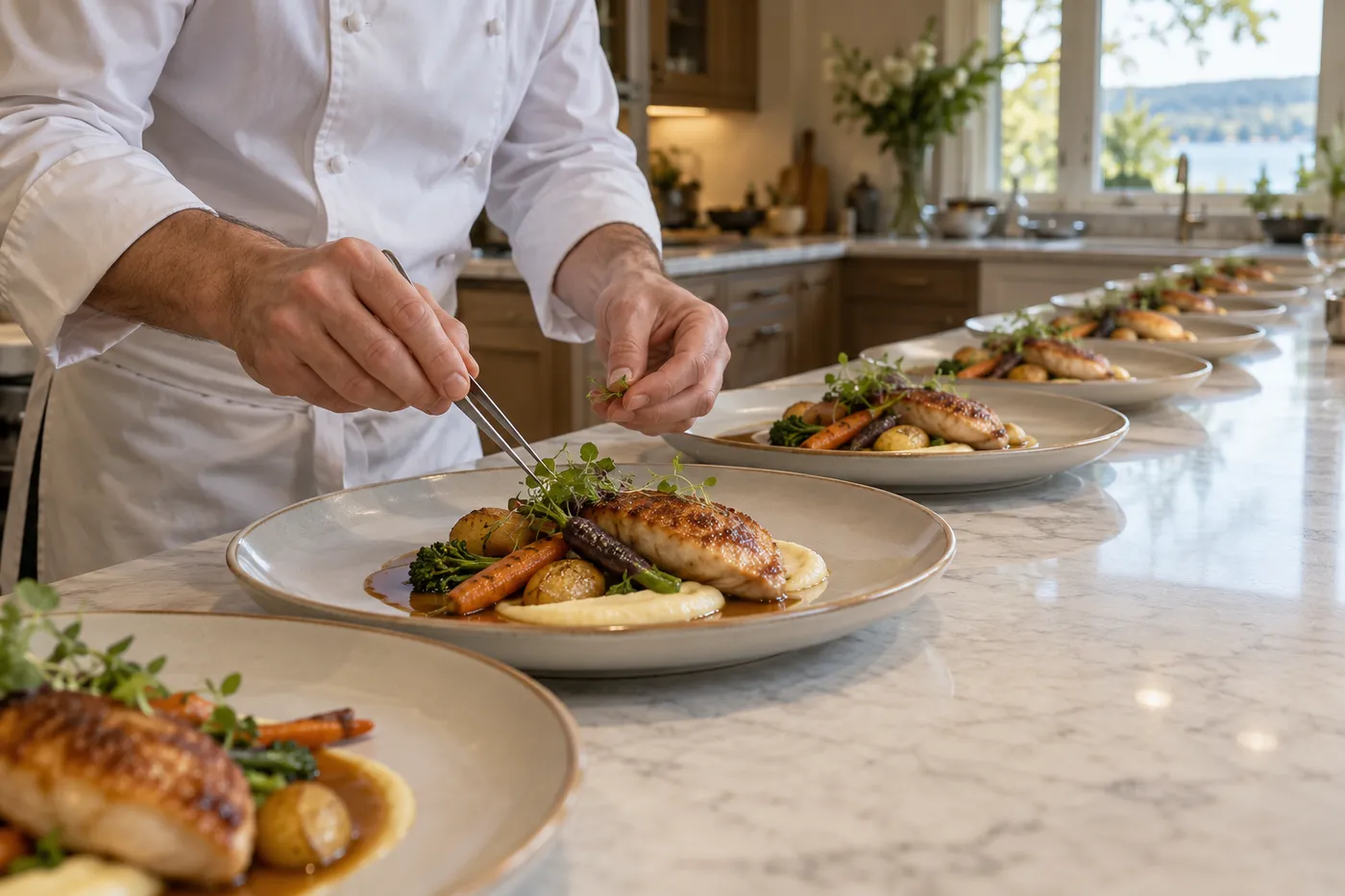 Chef qui dresse une rangée d'assiettes sur le comptoir d'une cuisine familiale avant un grand souper