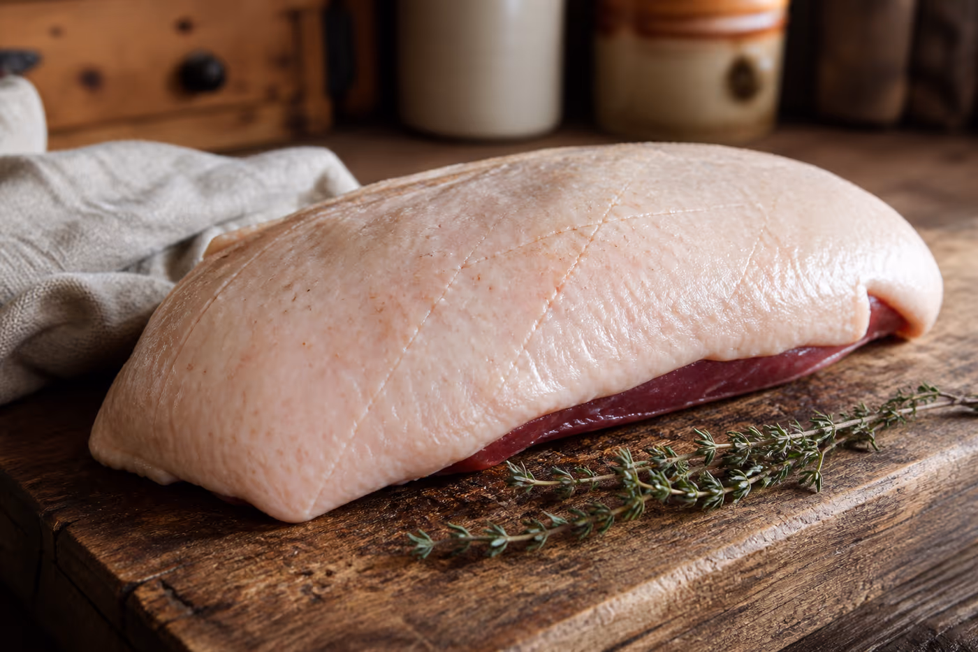Magret de canard du Lac Brome cru, côté peau, sur une planche de bois en Estrie