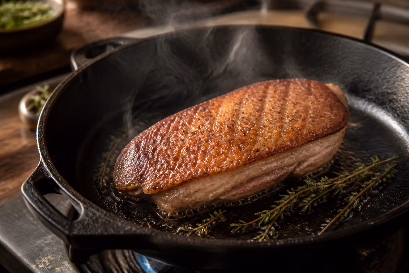 Recette canard du Lac Brome en cuisson côté peau dans une poêle en fonte, peau croustillante dorée