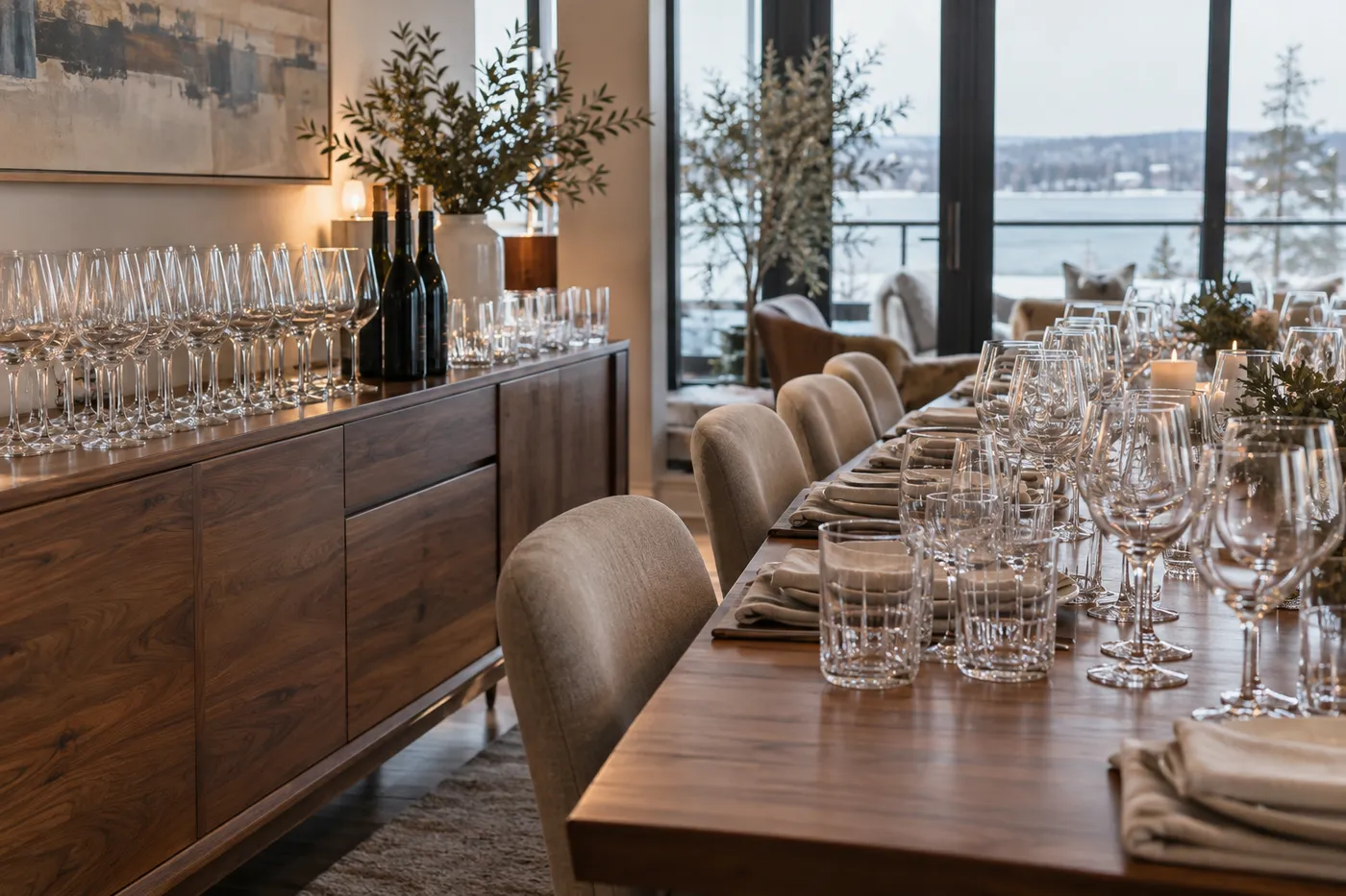 Rangées de verres à vin et à eau que l'hôte prépare avant d'engager un chef à domicile pour un groupe