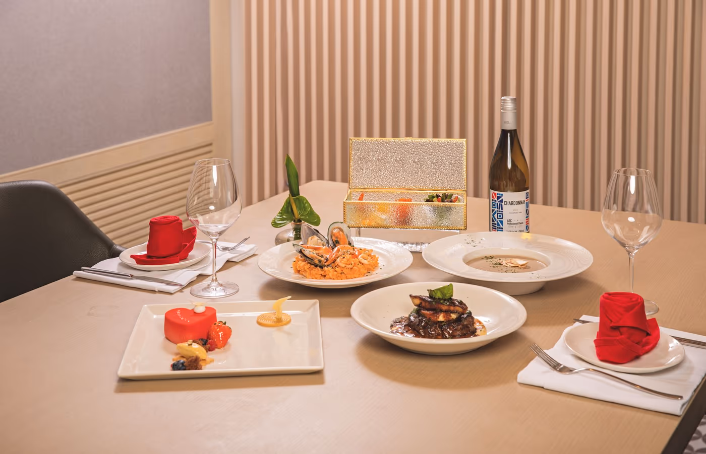 Elegant table set for a five-course private dinner with guests on Montreal's South Shore